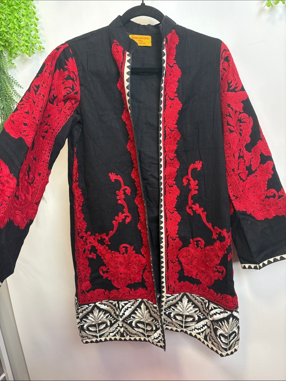 Women's long blazer with Red Embroidered Accents - Sana Safinaz
